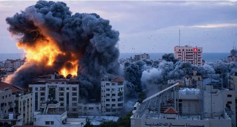 An Israeli airstrike struck Gaza City on Saturday after Hamas militants executed a surprise attack on Israel Photo Credit: AP Photo/Fatima Shbair